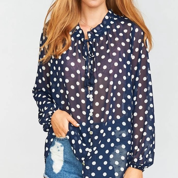 Show Me Your Mumu Alicia Tunic Button Down Shirt SZ Medium Navy Polka Dot Sheer - Picture 2 of 8